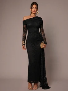 Silquee Women's Asymmetric Neck Lace Patchwork Pleated Ruffle Dress For Date And Evening Party Autumn Outfits For Women Elegant Long Dresses Lace Maxi - Black - View 7