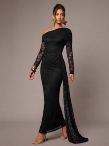 Silquee Women's Asymmetric Neck Lace Patchwork Pleated Ruffle Dress For Date And Evening Party Autumn Outfits For Women Elegant Long Dresses Lace Maxi - Black - View 6