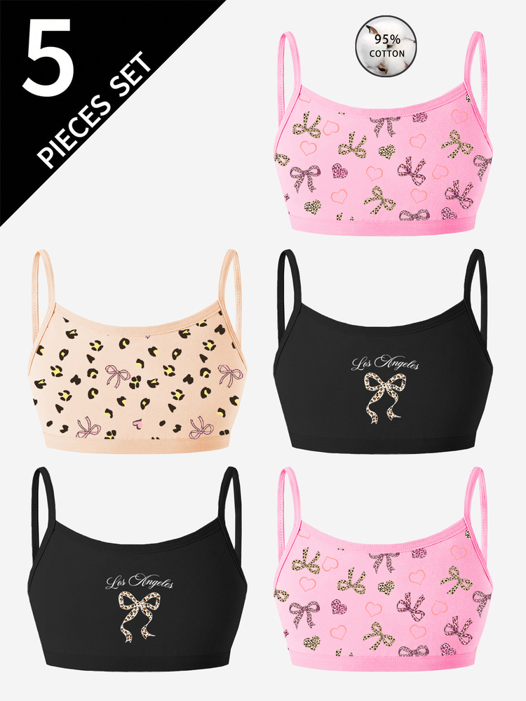 5 Pieces Girls' Minimalist Heart Print Cotton Camisole Underwear - Multicolor - View 1