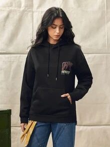 Norleigh Men's Letter Print Long Sleeve Pocket Drawstring Hoodie Sweatshirt, Casual For Autumn/Winter - Black - View 8