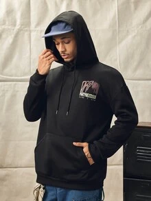 Norleigh Men's Letter Print Long Sleeve Pocket Drawstring Hoodie Sweatshirt, Casual For Autumn/Winter - Black - View 6
