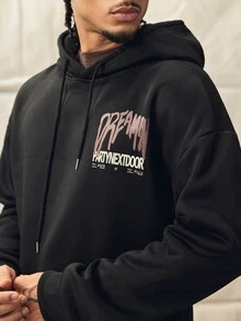 Norleigh Men's Letter Print Long Sleeve Pocket Drawstring Hoodie Sweatshirt, Casual For Autumn/Winter - Black - View 9