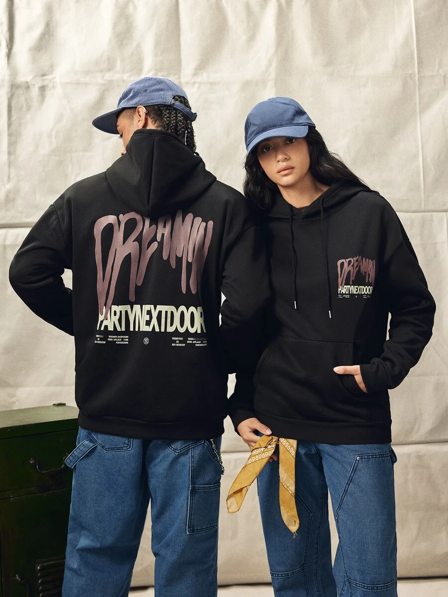 Norleigh Men's Letter Print Long Sleeve Pocket Drawstring Hoodie Sweatshirt, Casual For Autumn/Winter - Black - View 1