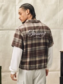 Norleigh 男士字母印花格紋 2 合 1 拼接休閒日常襯衫 - 卡其色 - 查看 2