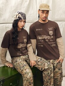 Norleigh Men's Knitted Fashion Daily Young Casual English Print Patchwork Loose Long Sleeve T-Shirt - Brown - View 1