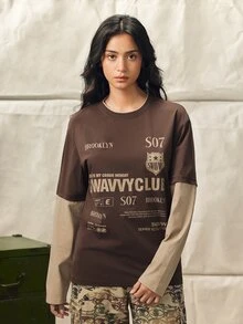 Norleigh Men's Knitted Fashion Daily Young Casual English Print Patchwork Loose Long Sleeve T-Shirt - Brown - View 10