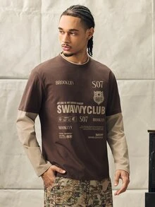 Norleigh Men's Knitted Fashion Daily Young Casual English Print Patchwork Loose Long Sleeve T-Shirt - Brown - View 6