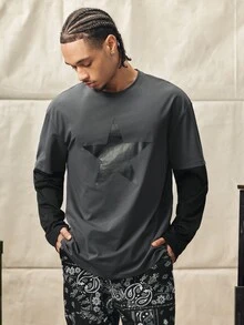 Norleigh 男士宽松长袖T恤，休闲标准尺码，灰色撞色印花拼接，春/秋/夏季 - 灰色 - 查看 5