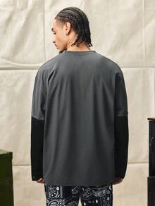Norleigh 男士宽松长袖T恤，休闲标准尺码，灰色撞色印花拼接，春/秋/夏季 - 灰色 - 查看 2