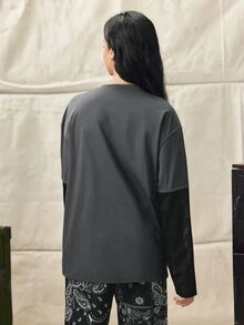 Norleigh 男士宽松长袖T恤，休闲标准尺码，灰色撞色印花拼接，春/秋/夏季 - 灰色 - 查看 3