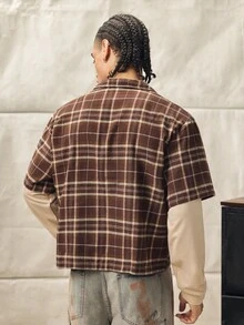Norleigh 男士时尚二合一纽扣格子衬衫 男士短款衬衫 男士格子衬衫 男士街头风衬衫 - 棕色 - 查看 2