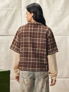 Norleigh 男士时尚二合一纽扣格子衬衫 男士短款衬衫 男士格子衬衫 男士街头风衬衫 - 棕色 - 查看 3