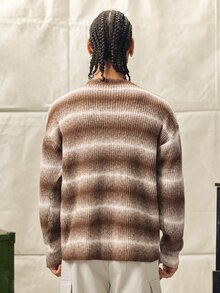 Norleigh 男士休閒撞色寬鬆圓領毛衣，秋冬棕色大地色系長袖上衣，情侶中性款 - 棕色 - 查看 2