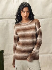 Norleigh 男士休閒撞色寬鬆圓領毛衣，秋冬棕色大地色系長袖上衣，情侶中性款 - 棕色 - 查看 9