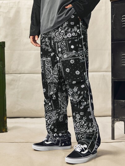 Norleigh Manfinity Men's Streetwear Loose-Fit Straight-Leg Pants,Black And White Paisley Print,Summer Casual Hip-Hop Street Academy Style,City Break Wear