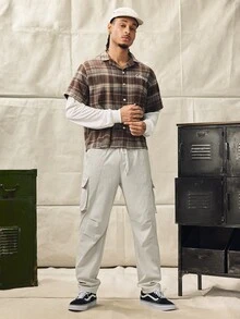 Norleigh Men's Loose Solid Color Drawstring Waist Pocketed Cargo Pants - Beige - View 4