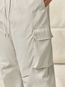 Norleigh Men's Loose Solid Color Drawstring Waist Pocketed Cargo Pants - Beige - View 8