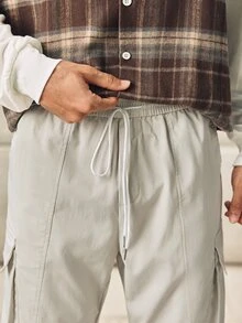 Norleigh Men's Loose Solid Color Drawstring Waist Pocketed Cargo Pants - Beige - View 7