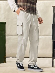 Norleigh Men's Loose Solid Color Drawstring Waist Pocketed Cargo Pants - Beige - View 10
