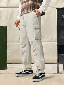 Norleigh Men's Loose Solid Color Drawstring Waist Pocketed Cargo Pants - Beige - View 9