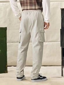 Norleigh Men's Loose Solid Color Drawstring Waist Pocketed Cargo Pants - Beige - View 2