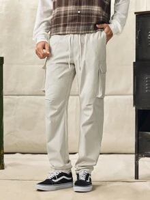 Norleigh Men's Loose Solid Color Drawstring Waist Pocketed Cargo Pants - Beige - View 1