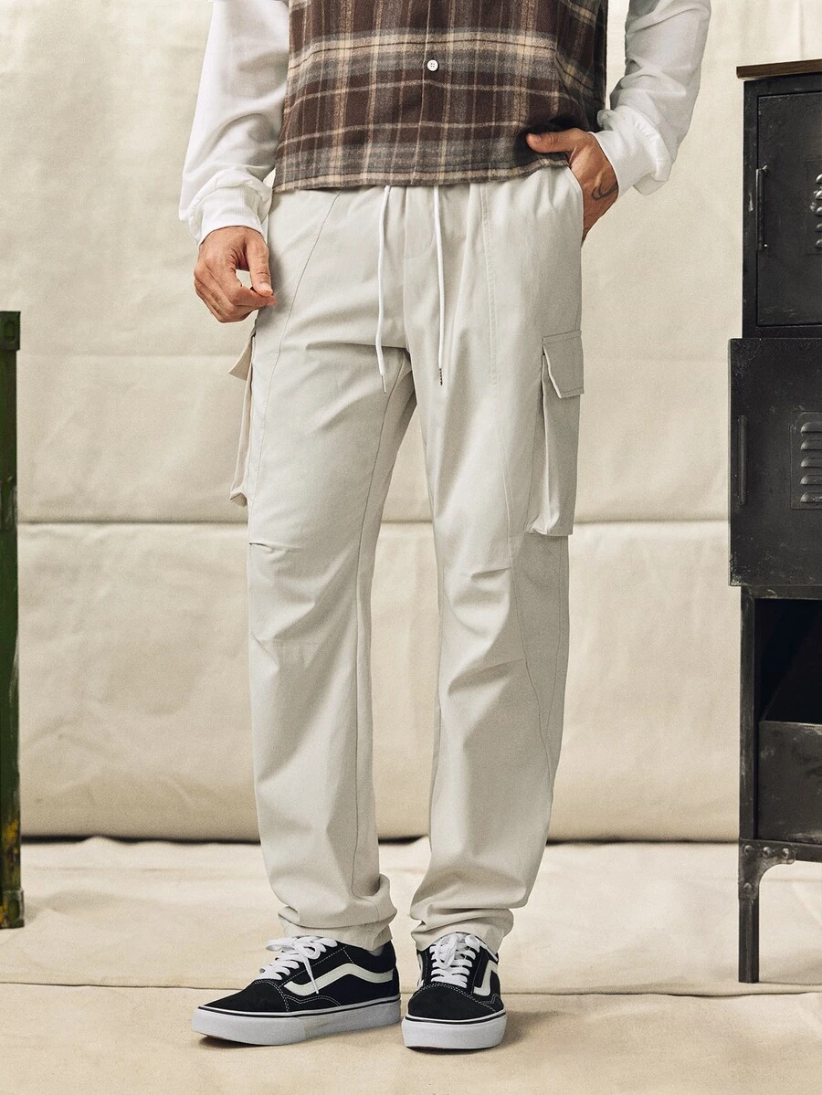 Norleigh Men's Loose Solid Color Drawstring Waist Pocketed Cargo Pants - Beige - View 1