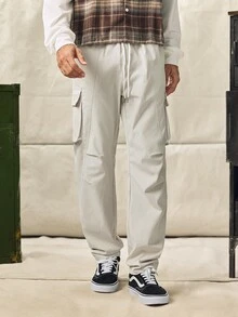 Norleigh Men's Loose Solid Color Drawstring Waist Pocketed Cargo Pants - Beige - View 3