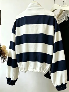 Lalippa 女款海軍藍與白色橫條紋薄款立領開襟衫，抽繩下擺，修身顯瘦防曬短版運動休閒上衣 - 藍白色 - 查看 3