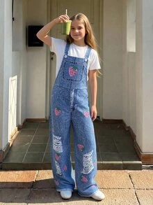 SHEIN 少女草莓图案口袋吊带连体裤，适合日常上学、户外活动、购物、休闲穿着 - 彩色 - 查看 3