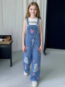 SHEIN 少女草莓图案口袋吊带连体裤，适合日常上学、户外活动、购物、休闲穿着 - 彩色 - 查看 4