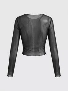 ROMWE Gothic Dark Crow Plant Forest Cemetery Cross Sexy Sheer Mesh Long Sleeve Women's Top - Black - View 2