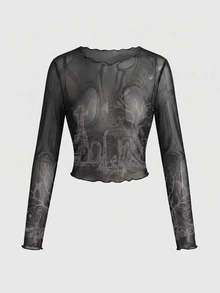 ROMWE Gothic Dark Crow Plant Forest Cemetery Cross Sexy Sheer Mesh Long Sleeve Women's Top - Black - View 1