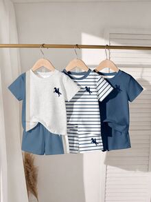 Souflis Souflis 3 Sets, Get 1 Set Random Blue & Gray Contrast Color Gray & Blue Infant Casual Fashion Classic Knight Print Crew Neck Short Sleeve T-Shirt & Shorts Set - Multicolor - View 3