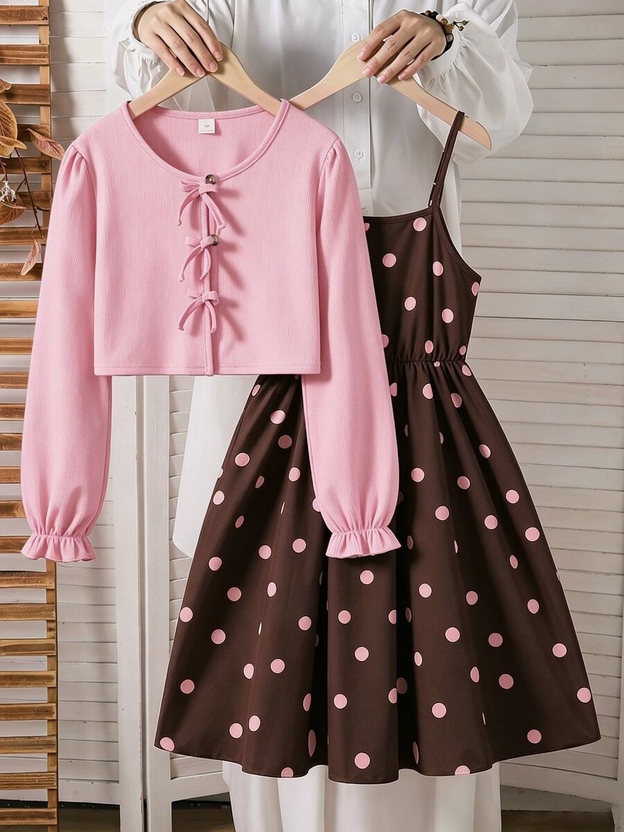 SHEIN 2件組 青少年女孩 春/秋/冬 休閒針織羅紋蝴蝶結裝飾開襟衫上衣與印花細肩帶簡約洋裝 度假風套裝 - 粉色 - 查看 1