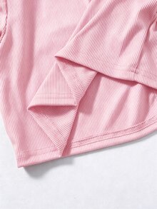 SHEIN 2件組 青少年女孩 春/秋/冬 休閒針織羅紋蝴蝶結裝飾開襟衫上衣與印花細肩帶簡約洋裝 度假風套裝 - 粉色 - 查看 5