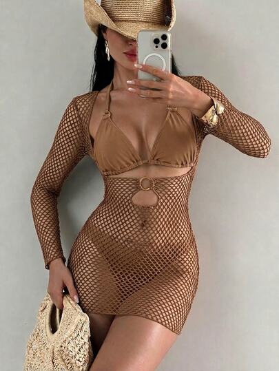 Bonvoyette Summer Beach Plain Halter Triangle Bikini Set With Cover Up