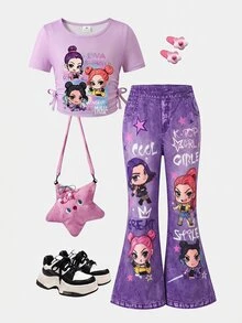 SHEIN Young Girl Letter And Cartoon Figure Graphic Ruched Bow Waist Tee & Flare Leg Washed Pants Set - Black - View 3
