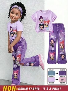 SHEIN Young Girl Letter And Cartoon Figure Graphic Ruched Bow Waist Tee & Flare Leg Washed Pants Set - Black - View 2