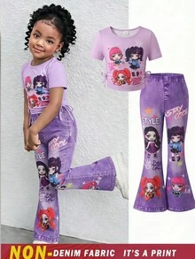 SHEIN Young Girl Letter And Cartoon Figure Graphic Ruched Bow Waist Tee & Flare Leg Washed Pants Set - Black - View 12
