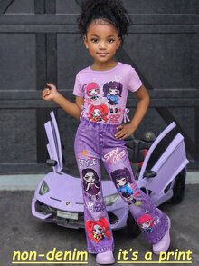 SHEIN Young Girl Letter And Cartoon Figure Graphic Ruched Bow Waist Tee & Flare Leg Washed Pants Set - Black - View 5