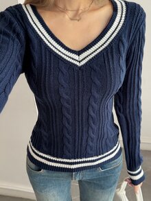 Livesso 秋冬休閒拼接條紋修身毛衣 - 藏蓝色 - 查看 4