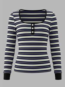IslaSuriya Women's Casual Striped Long Sleeve Top, Autumn - Blue - View 3