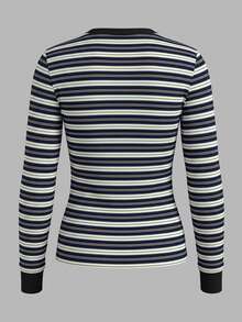 IslaSuriya Women's Casual Striped Long Sleeve Top, Autumn - Blue - View 2