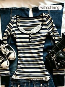 IslaSuriya Women's Casual Striped Long Sleeve Top, Autumn - Blue - View 1