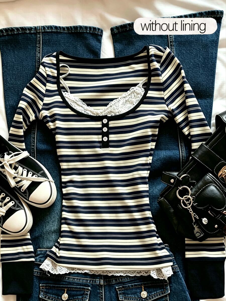 IslaSuriya Women's Casual Striped Long Sleeve Top, Autumn - Blue - View 1