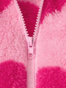 SHEIN Elladie kids 1件女孩青春可愛甜美風連帽長袖拉鍊外套，收口下擺，百搭短版上衣，愛心毛絨圖案，抓絨面料 - 粉色 - 查看 6