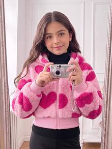 SHEIN Elladie kids 1件女孩青春可愛甜美風連帽長袖拉鍊外套，收口下擺，百搭短版上衣，愛心毛絨圖案，抓絨面料 - 粉色 - 查看 9