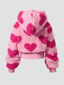 SHEIN Elladie kids 1件女孩青春可愛甜美風連帽長袖拉鍊外套，收口下擺，百搭短版上衣，愛心毛絨圖案，抓絨面料 - 粉色 - 查看 2