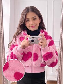 SHEIN Elladie kids 1件女孩青春可愛甜美風連帽長袖拉鍊外套，收口下擺，百搭短版上衣，愛心毛絨圖案，抓絨面料 - 粉色 - 查看 10